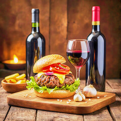 Appetizing and tasty burger with potatoes, tomato and wine on wooden board.
