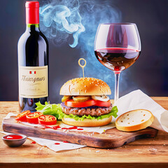 Appetizing and tasty burger with potatoes, tomato and wine on wooden board.