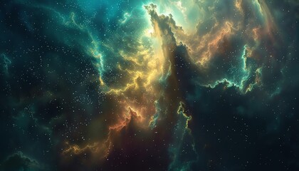 Obraz premium A beautiful space nebula with glowing green and yellow clouds.