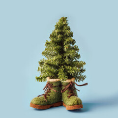 Cute New Year and Christmas holiday tree wearing green winter boots with laces on a blue background, art object for advertising, banner, design