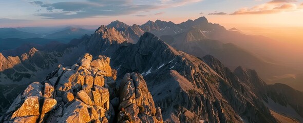 Fototapeta premium panoramic view of mountains at sunrise, rocky peaks, sharp rocks, mountain