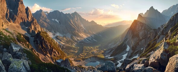 panoramic view of mountains at sunrise, rocky peaks, sharp rocks, mountain