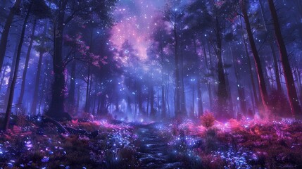 Mysterious Forest Clearing Under Starry Night Sky

