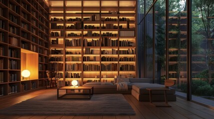 A minimalist library with floor-to-ceiling bookshelves, a cozy reading nook, and soft lighting, inspiring intellectual pursuits and relaxation.