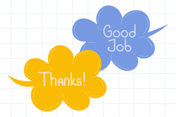 Positive dialog speech bubbles with lettering good job and thanks on white grid background. Vibrant positive motivational phrases. For stickers, motivational posters, emblems.