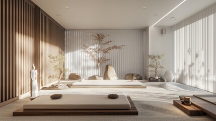 A minimalist meditation room with a cushioned floor, Zen decor, and soft music, providing a tranquil space for mindfulness and reflection.
