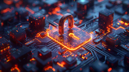 3D Flat icon of Digital Lock with Matrix Code Symbolizing Data Encryption for Data Protection in Isometric Scene