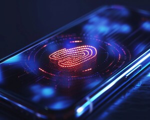 Closeup of a smartphone screen with a glowing fingerprint recognition interface, surrounded by...