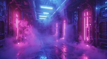 High-Tech Laboratory with Neon Lights and Smoke

