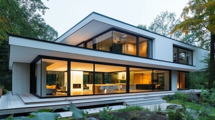 Fototapeta premium A minimalist modern house with clean lines and large windows, nestled in a serene natural setting, epitomizing contemporary living.
