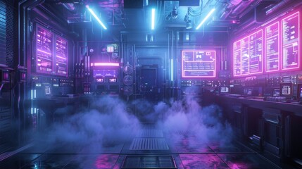 High-Tech Laboratory with Neon Lights and Smoke

