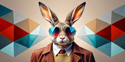 An elegantly dressed rabbit with sunglasses stands confidently in front of a geometric background. Mixing human fashion with animal charm, the rabbit exudes cool sophistication.AI generated.