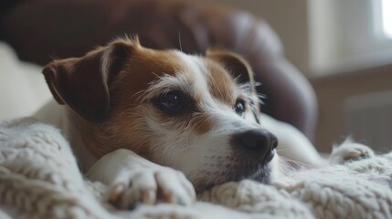   A brown-and-white dog lies on a white blanket atop a bed, near a window