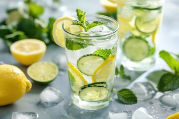 Fototapeta premium A tall glass of refreshing cucumber and lemon infused water with ice and mint leaves.