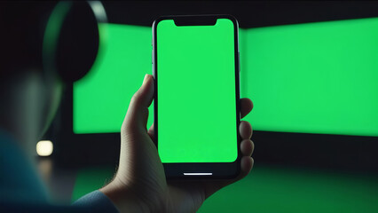 A hand holding a smartphone with a bright green screen against a darker green background, focusing on the potential for content customization