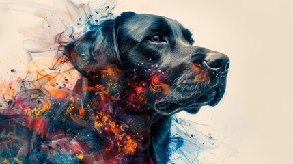 A mesmerizing portrait of a black dog enhanced with a vibrant swirl of abstract colors