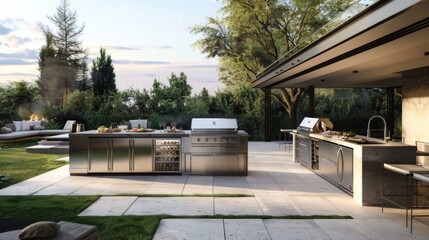 Obraz premium A minimalist outdoor kitchen with stainless steel appliances, a built-in grill, and a bar counter, perfect for al fresco dining and entertaining.
