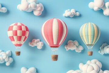 Naklejka premium Three colorful hot air balloons are floating in a blue sky. 