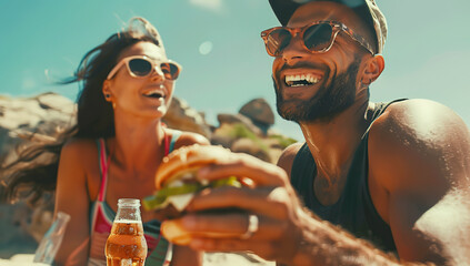 Happy friends are having lunch at the beach, enjoying a burger and beer on a table with summer food...