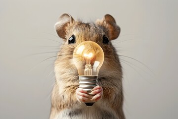 Gerbil with Brilliant Idea Floating Light Bulb in Minimalist Studio Setting