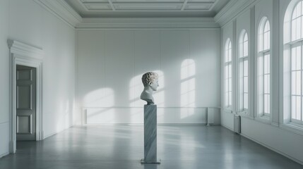 Obraz premium Roman sculpture head statue in middle of baroque rococo minimalist style room corridor sun light shine through window