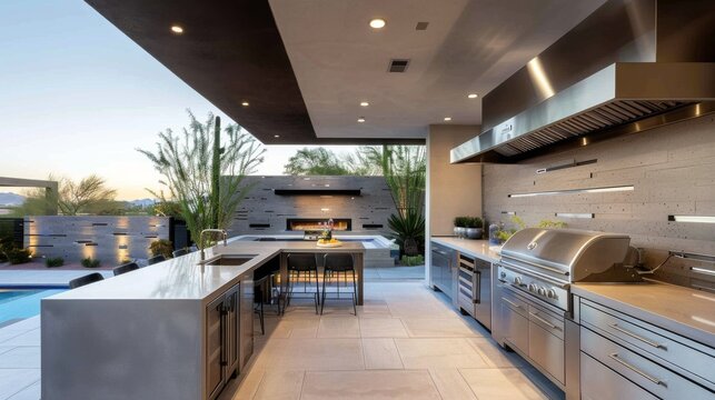 A minimalist outdoor kitchen with stainless steel appliances, a built-in grill, and a bar counter, perfect for al fresco dining and entertaining.