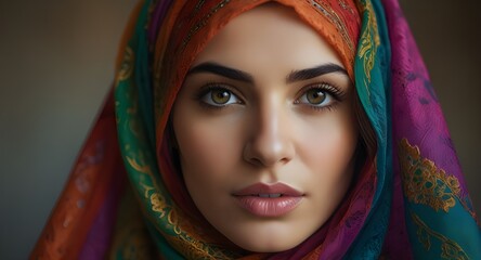 portrait of a beautiful woman in a colorful veil,