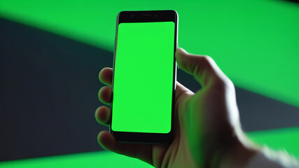 A hand holding a smartphone with a bright green screen against a darker green background, focusing on the potential for content customization