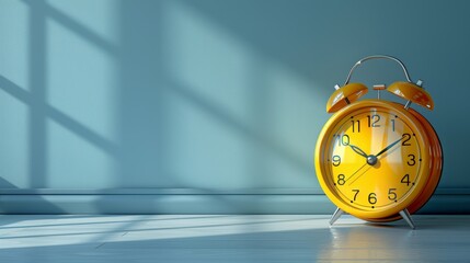 Yellow alarm clock on a blue background close-up, sunlight from the window, shadow, concept of...