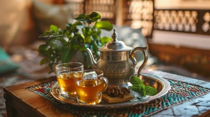 A Moroccan mint tea ceremony with a traditional teapot and glasses, symbolizing hospitality and friendship in Arab culture.