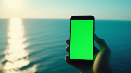 Hand holds a smartphone with a green screen over the tranquil sea, capturing the fusion of technology with serene water views. Perfect for showcasing mobile apps used in marine and travel industries