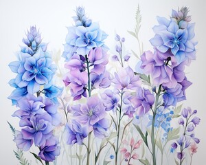 Contemporary botanical art in watercolor, showcasing Matthiola Incana with Pink Carnations, on a serene white background ,  fresh and clean look