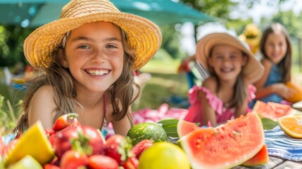   A group of girls sits at a picnic table, with watermelon and oranges in the foreground Behind them, a blue umbrella stands