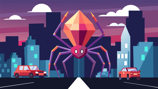 A sculpture of a small spider adorned with jewels and towering over a cityscape with cars and buildings seen scurrying away in fear..