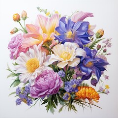 Contemporary botanical art of friendship flowers like freesias and asters, vibrant against a tranquil white canvas, symbolizing companionship ,  fresh and clean look