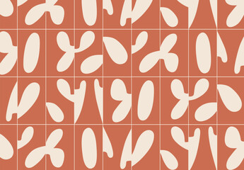 Linear seamless smooth abstract pattern drawing with beige color on coral background