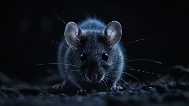 House mouse mus musculus close up in the dark place on dirty ground