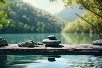 a wooden dock with a stack of smooth, round stones on it. stacked in a zen-like fashion. background is a blurred image of a lake and mountains. water is calm and still. mood is peaceful and serene.