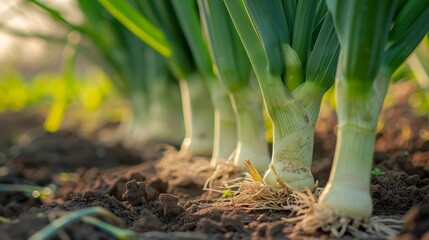 Growing leek onion harvest and producing vegetables cultivation. Concept of small eco green business organic farming gardening and healthy food	
