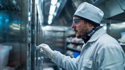 Technician maintaining refrigeration equipment in a meat freezing room, ensuring consistent cold temperatures for meat storage.