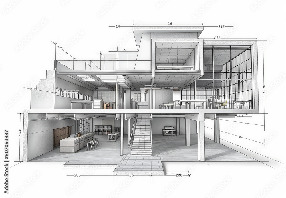 Poster Industrial building wireframe rendering with architectural and construction details
