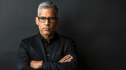 Obraz premium A man in gray hair and glasses stands with crossed arms, conveying a serious expression as he gazes into the camera