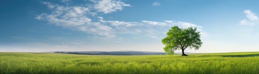 Obraz premium large, tree, grassy, field, clear, day, white, cloud, bark, plant, bush, nature, landscape, bough, growth, trunk, park, leave, rural, root, scenic, stem, fun, sway, wood, outdoor, branch