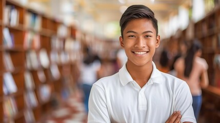   A young man stands before a bookshelf, hands folded across his chest, smiling at the camera