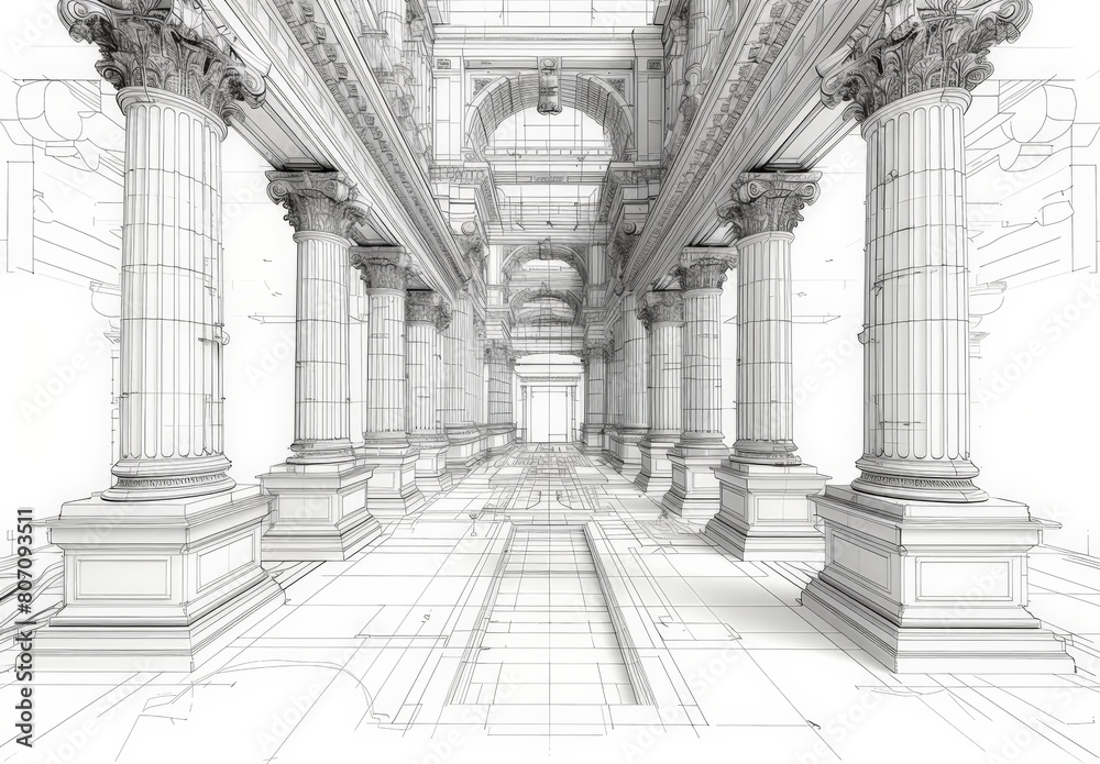 Poster Wireframe rendering of an ancient building in the classical style