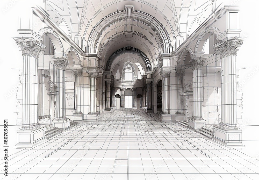 Aufkleber Wireframe rendering of an ancient building in the classical style