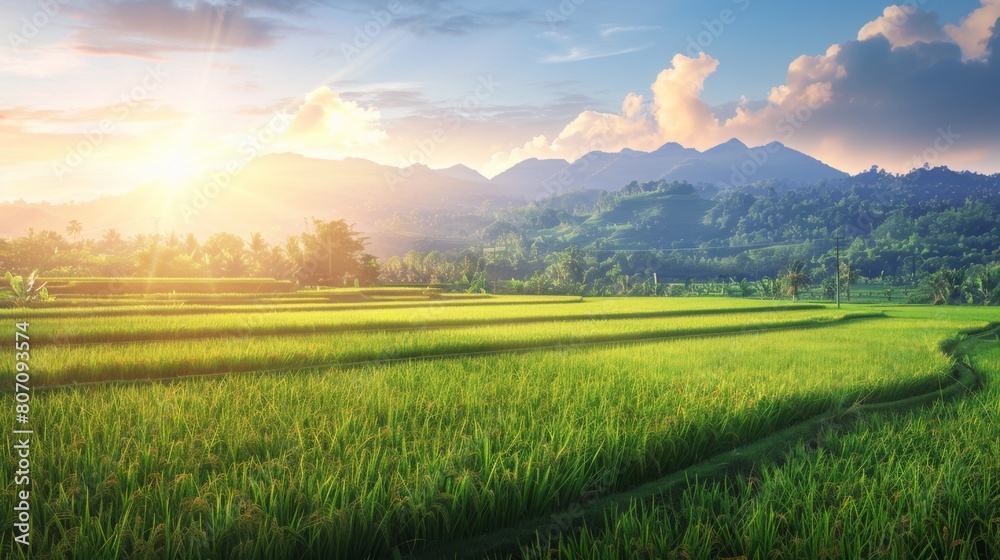Poster a panoramic view of a rural countryside with rice fields stretching into the distance, illuminated b