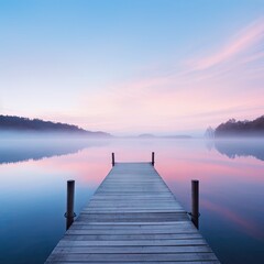 Fototapeta premium The wooden dock jutting out into the still lake is a peaceful and serene place. The sky is painted in shades of pink, blue, and purple. The water is calm and still. relax, enjoy the beauty of nature.
