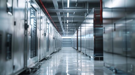Interior of a modern meat freezing warehouse with state-of-the-art refrigeration systems, showcasing advancements in food preservation technology.