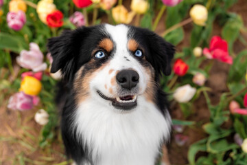 The Miniature American Shepherd dog sitting and looking up. Dog in flower field. Blooming. Spring. Blue eyes dog